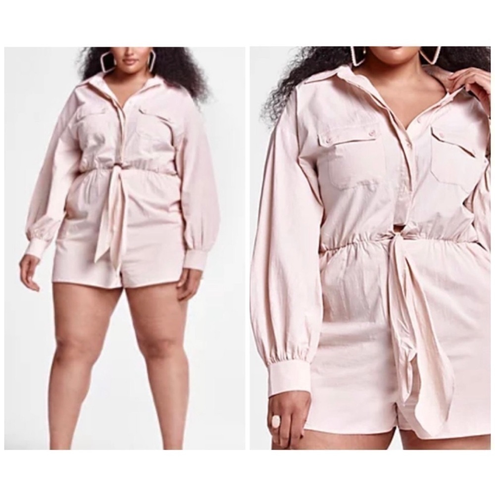 Fashion to Figure Beige Utility Tie Front Cotton Long Sleeve Romper Size 1X